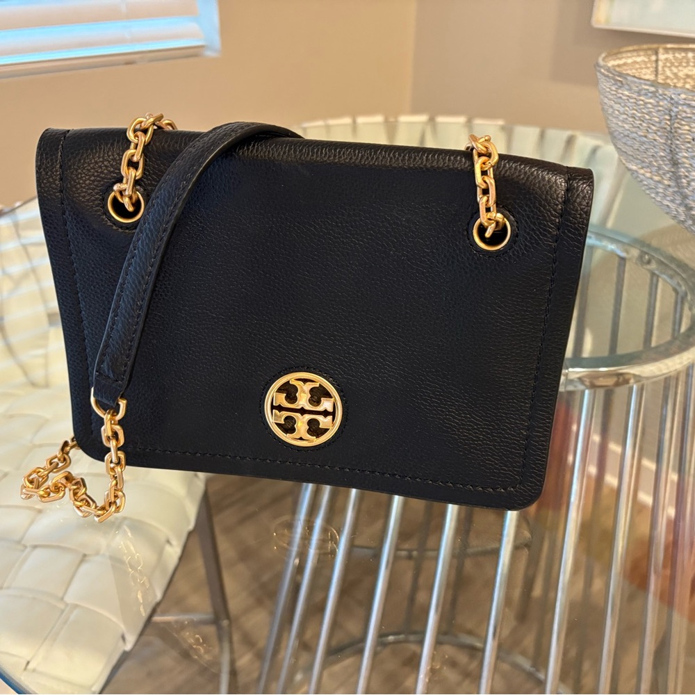 Tory Burch Black Leather Crossbody Bag with Gold Chain
